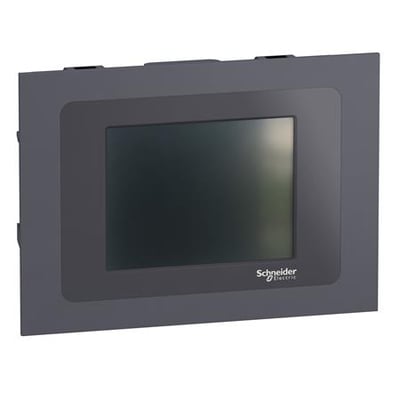 Schneider Electric frontmonteret 3,5" LCD farve touchdisplay i grå med IP65-klassificering og 320x240 opløsning.