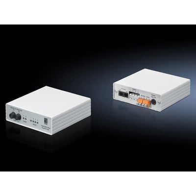 Rittal CMC III dør Control Modul DCM, en hvid enhed med tilslutninger til døre og strøm på en mørk baggrund.