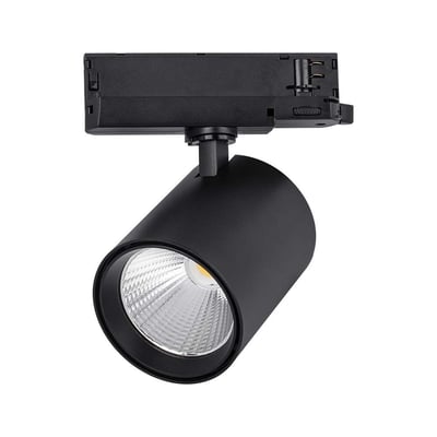 V-TAC Pro 35W skinnespot i sort aluminium med 4000K neutral hvidt lys og 3000lm, vist forfra med tændt LED.