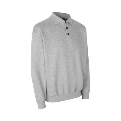 ID Identity GAME polosweatshirt i grå melange, størrelse S, med polokrave og tre sorte knapper på hvid baggrund.