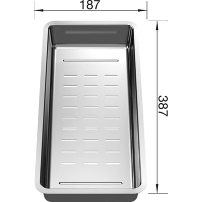 Blanco skylleskål i rustfrit stål med målene 187 x 387 mm, vist med en overflade af drænhuller.