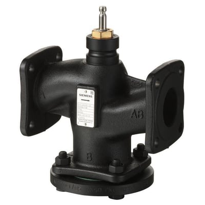 Siemens 2-vejs ventil VVF22.100-160 med PN6 flange og kvs 160. Ventilen er sort med messingdetaljer på toppen og en mærkat med produktinformation.