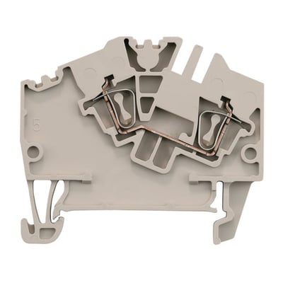 Weidmüller ZDU 2.5-2 gennemgangsklemme i beige plast med fjedertilslutning til 2,5mm² ledere, set på hvid baggrund.