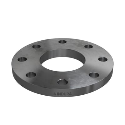 Indura planflange, 88,9 mm, med 8 bolthuller, PN16 og stål kvalitet P250GH, vist med Indura logo på siden.