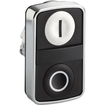 Schneider Electric dobbelt trykknap med krom metalfront, 22mm diameter, mærket 0 og I i sort og hvid.