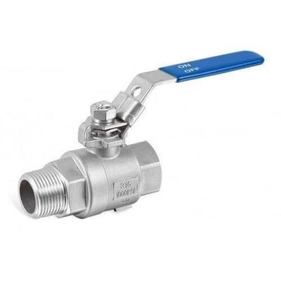 Syrefast kuglehane 316 med 1 1/2" udvendigt gevind og blåt stålgreb med markeringerne 'ON' og 'OFF'.