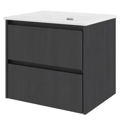 Sanibell Proline møbelsæt i sort eg med 2 softclose skuffer, 61x46 cm, viser front med integrerede greb og porcelænsvask med overløb.