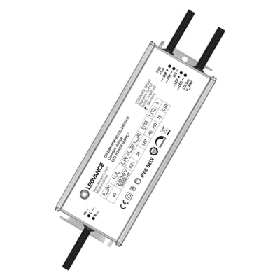 Ledvance Performance DIM-PFM LED-driver på 40 W og 24 V med 1–10 V-dæmpning og sorte tilslutningsledninger.