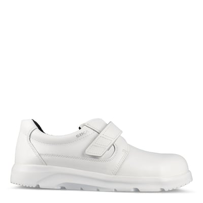 Hvid Sika Footwear Optimax sikkerhedssko med tåværn og Velcro-lukning, set fra siden med den brede hvide sål.