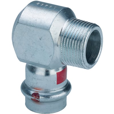 Detaljebillede af Viega Prestabo vinkelfittingen, der viser 15 mm pres-muffe og 3/8'' gevind, samt tydelig SC-Contur markering.