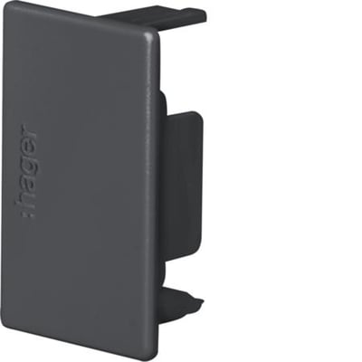 Hager endestykke til LF 30045 kabelføringskanal i grafitsort RAL 9011, med synlig Hager logo på en hvid baggrund.