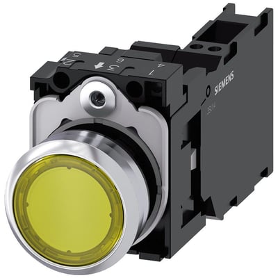 Siemens trykknap med lys, 22mm diameter, gul med højglans metalramme, 1NO+1NC kontakt og fjederterminal.