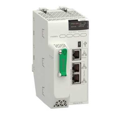 Schneider Electric M580 ePAC CPU med 16 MB programlager, vist med 3 Ethernet TCP/IP og USB-porte samt DIO scanner.