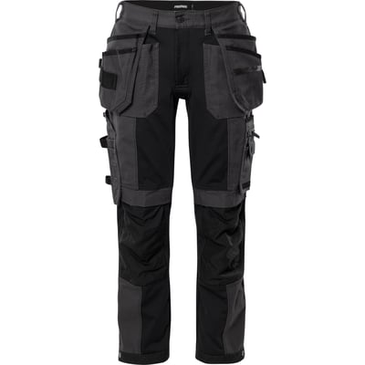 Håndværkerbuks i grå og sort med CORDURA-forstærkede lommer på lår og bagpå.