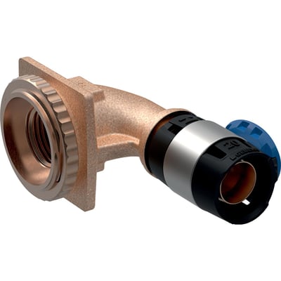 Geberit FlowFit 90° vinkelstykke i blyfri rødgods, 20mm x 1/2", monteret med blå låsering for nem installation.