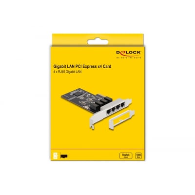 Emballagen til DeLOCK PCI Express x4-netværkskortet viser kortet med fire RJ45 Gigabit LAN-porte.