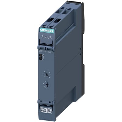 Siemens SIRIUS tidsrelæ 3RP25 med OFF-forsinkelse, 1CO kontakt, 0,05s-100tidsintervaller, LED-indikator og justeringsknapper.