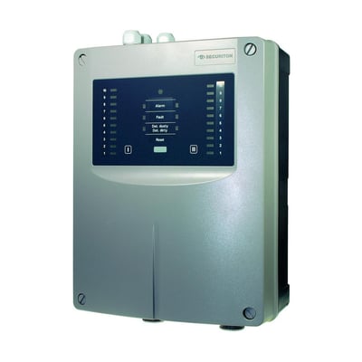 Schneider Electric Aspirationscentral ASD535-4 med display, knapper og lysindikatorer på hvid baggrund.