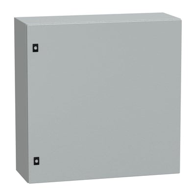 Lukket Schneider Electric CRN metal vægskab, 800x800x300mm, RAL7035, IP66, med to sorte beslag på fronten.