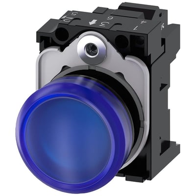 Siemens 22mm rund signallampe i blå plast med integreret LED 24V AC/DC og monteringsholder.