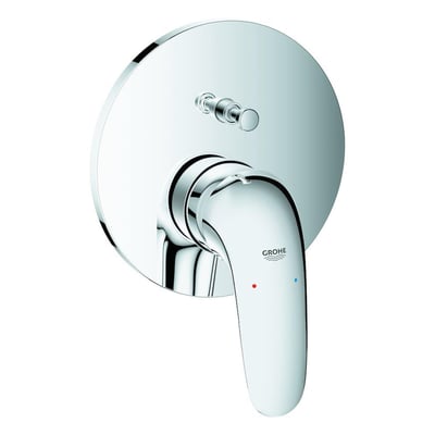 GROHE Eurostyle Solid 1-grebs forplade til Smartbox i krom med blank overflade og runde former. Viser grebet med mærkelogo og markeringer for varmt og koldt vand.