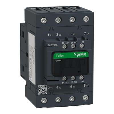 Schneider Electric TeSys D 60A 4-polet kontaktor med 240V AC spole, 1NO+1NC kontakter og tydelige terminalmarkeringer for nem installation.