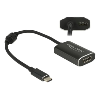 Sort DeLOCK USB-C til HDMI-adapter med kort kabel, USB-C-hanstik og HDMI-hunstik, vist fra flere vinkler.