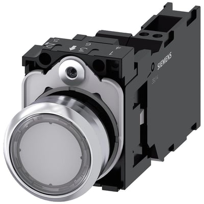 Siemens oplyst trykknap med 22 mm diameter, skinnende metal og klar flad knap med 1NO 1NC kontakter og integreret LED.