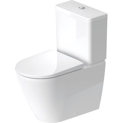 Hvidt Duravit D-Neo toilet med lukket kumme og cisterne, vist fra skrå forside mod hvid baggrund.