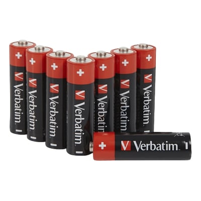 Otte stk. Verbatim alkaline AAA batterier, 1.5V, sorte med rød top og hvidt plus-symbol.