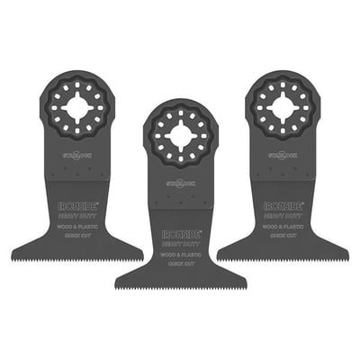 Ironside HD-savklinge til multicutter, 63 mm, med Starlock-fatning og bred, fintandet skærekant vist i flere udformninger.