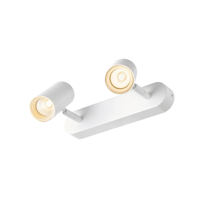 SLV NOBLO hvid loftlampe set fra siden, med to cylindriske spots monteret på en aflang base.
