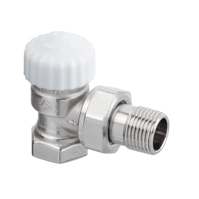 IMI Calypso exact DN10 vinkel termostatventil, set fra siden, med forniklet messingkrop og 3/8" gevindtilslutning.