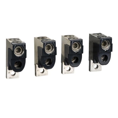 Fire samlede Schneider Electric klemmesæt 2x50-120mm2 CU/AL, 4 stk., sat op på en hvid baggrund.