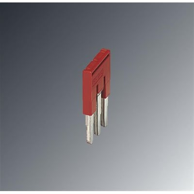 Detaljebillede af Phoenix Contact FBS 3-6 indlægsbro i rød med 3 poler på en grå gradientbaggrund.