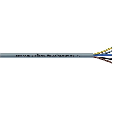 Lapp Olflex Classic 100 strømkabel med 3G10 dimension og 450/750V spænding, grå ydre kappe med CE-mærkning og indre farvede ledere.