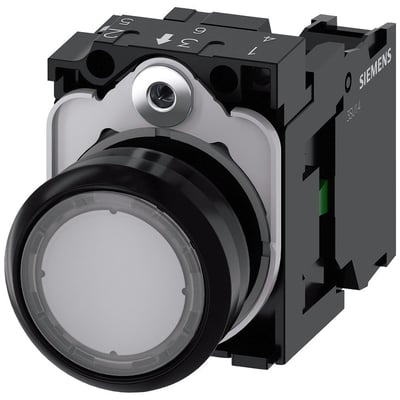 Siemens 22mm trykknap med rund, klar plastknap og 1 slutte (NO) kontakt, vist med skrueklemmer på bagsiden.