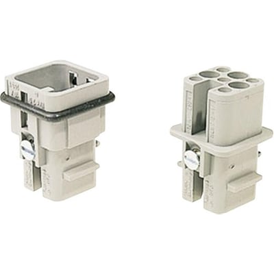 Nærbillede af Harting HAN D stikindsats med 7 hun-poler og detaljer om dens crimptilslutningsmekanisme.