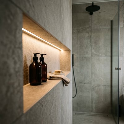 Vandtæt COB LED-strip til badeværelse, 5 meter og 3000K, monteret som varmt lys under en nichehylde.