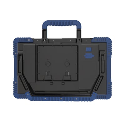 Blue Electric arbejdslampe set bagfra, viser batteri-slot til 2 x 18V og håndtag i blå plastkonstruktion.