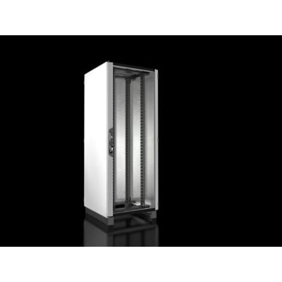 Rittal VX IT standard serverskab uden døre, 42U, med indvendige monteringsskinner i sølvfarvet metal på sort baggrund.