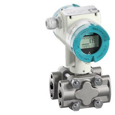Siemens SITRANS P320 tryktransmitter til differentialtryk og flow med PN160, rustfrit stål hus og display med grønne detaljer på hvid baggrund.