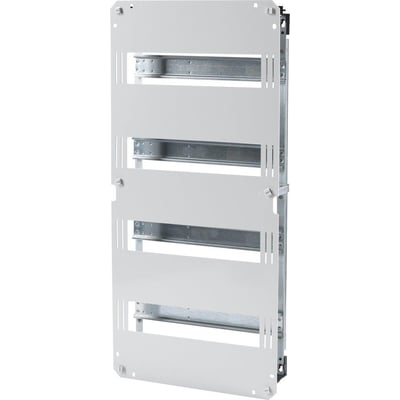 Oversigtsbillede af Fibox DIN-indsatsen monteret i et vægskab, viser vertikal opstilling med 4 rækker af 14 moduler.