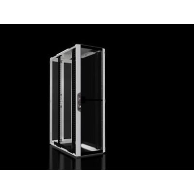 Rittal VX IT netværks-/serverskab, 600x2200x1200 mm, med ventileret dør foran og bagpå, på sort baggrund.