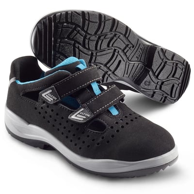 Sika Footwear Impulse Lady Aqua Easy sikkerhedssandal i sort mikrofiber med blå detaljer og dobbelt velcro.