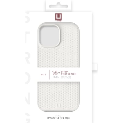 Urban Armor Gear Dot Cover til iPhone 13 Pro Max i marshmallow-farve, vist i sin originale emballage med information om drop protection.