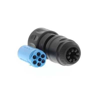 Omron motorstrømstik, hun, sort med en blå stikindsats med fem kontakter på hvid baggrund.