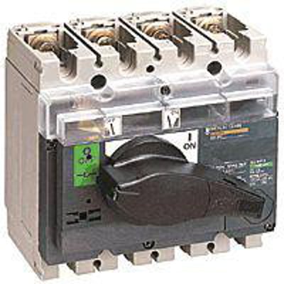 Schneider Electric 4-polet lastafbryder INV250 250A med sort drejegreb, designet til AC og DC netværk.