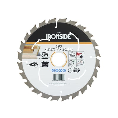 Ironside rundsavklinge til træ med 24 tænder, 190 mm diameter og 30 mm huldiameter, vist forfra med mærkning.