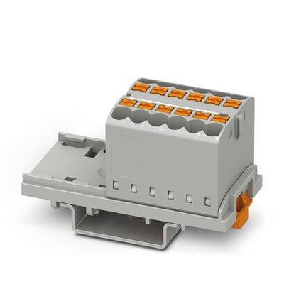 Phoenix Contact Ptfix 12X2,5-NS35 GY terminal block in gray with orange levers, mounted on a rail adapter.